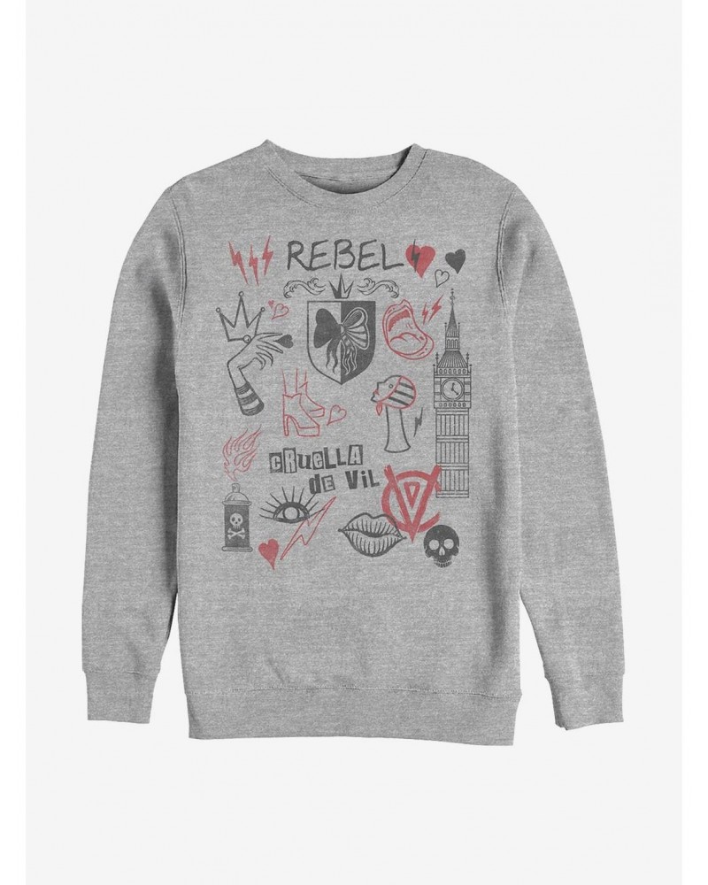 Disney Cruella Rebel Queen Doodles Crew Sweatshirt $14.02 Sweatshirts